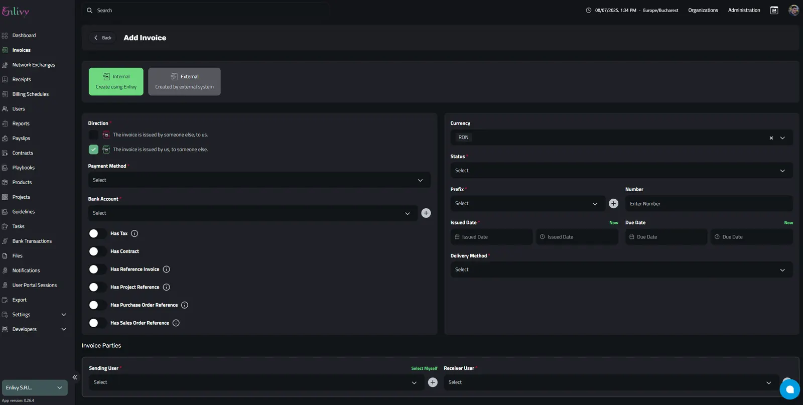 Creating and Internal Invoice - completed fields