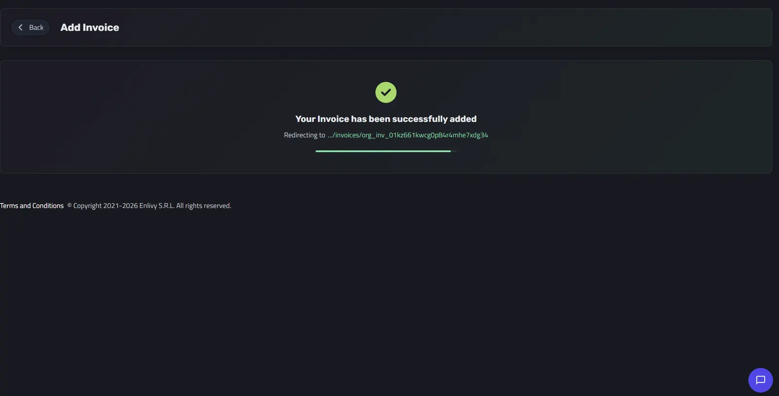 The confirmation message shown after the invoice has been added successfully
