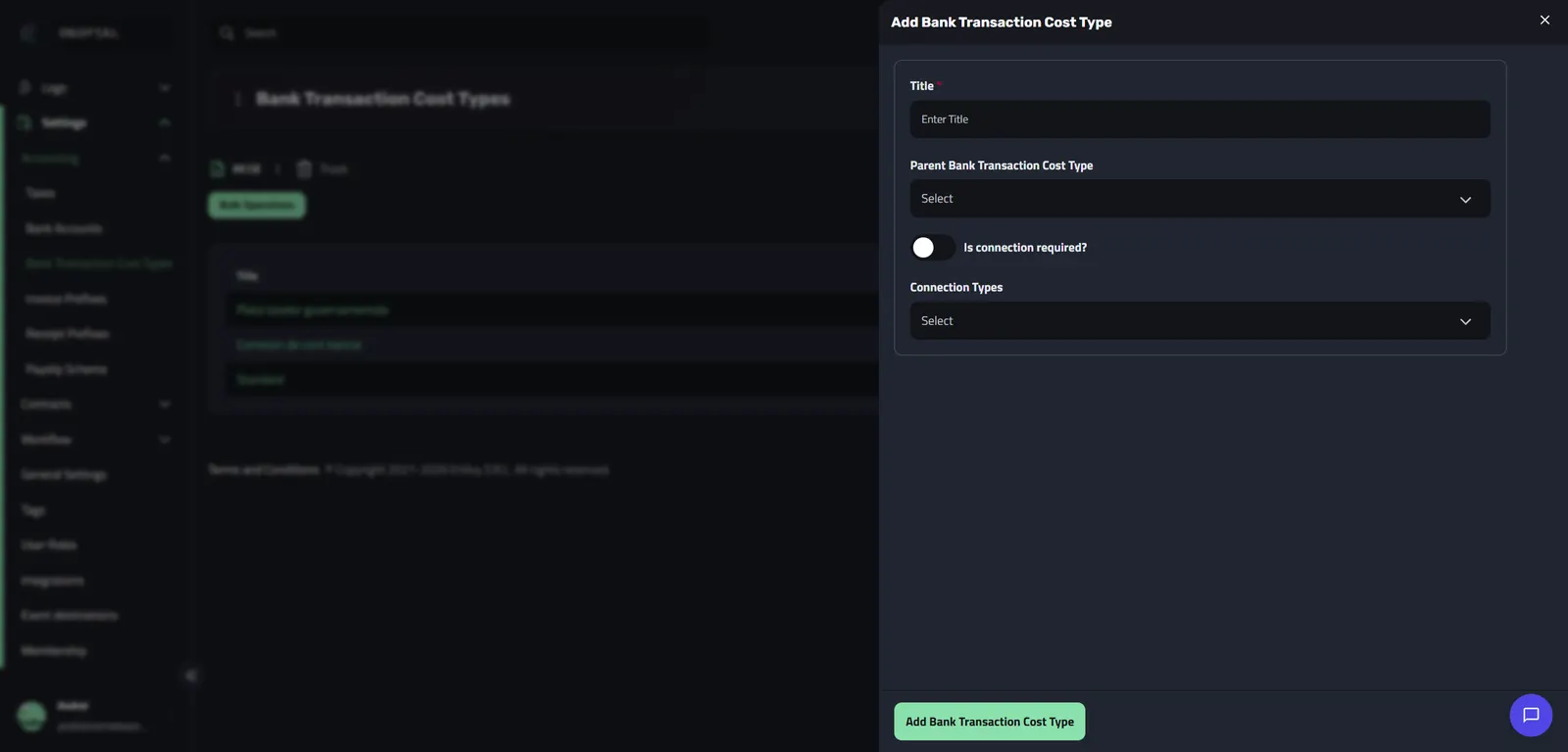 The empty Add Bank Transaction Cost Type dialog showing the Title, Parent Bank Transaction Cost Type, Is connection required, and Connection Types fields