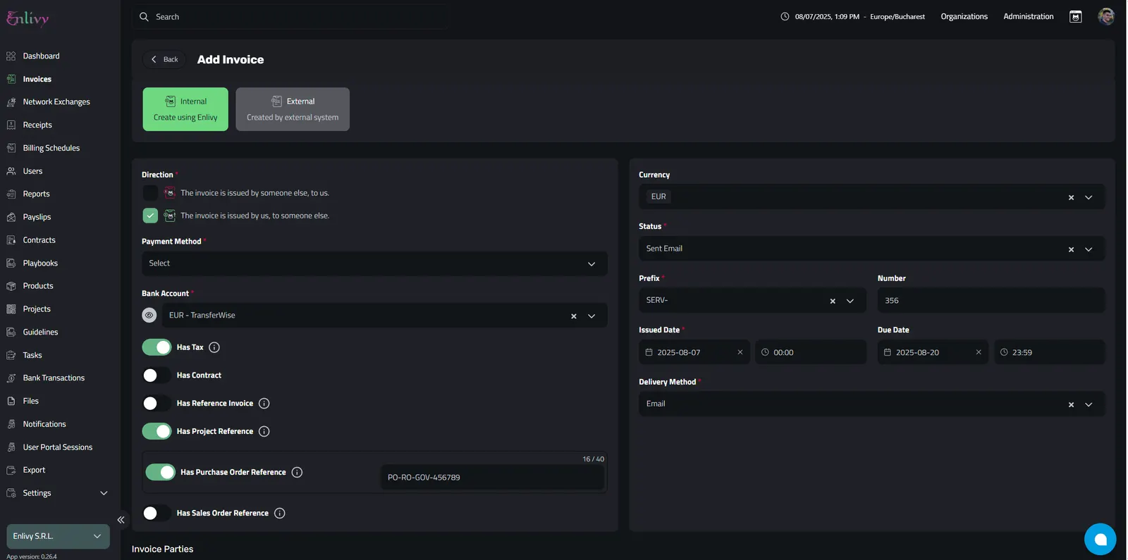 Creating an invoice in Enlivy, while using a Purchase Order Reference