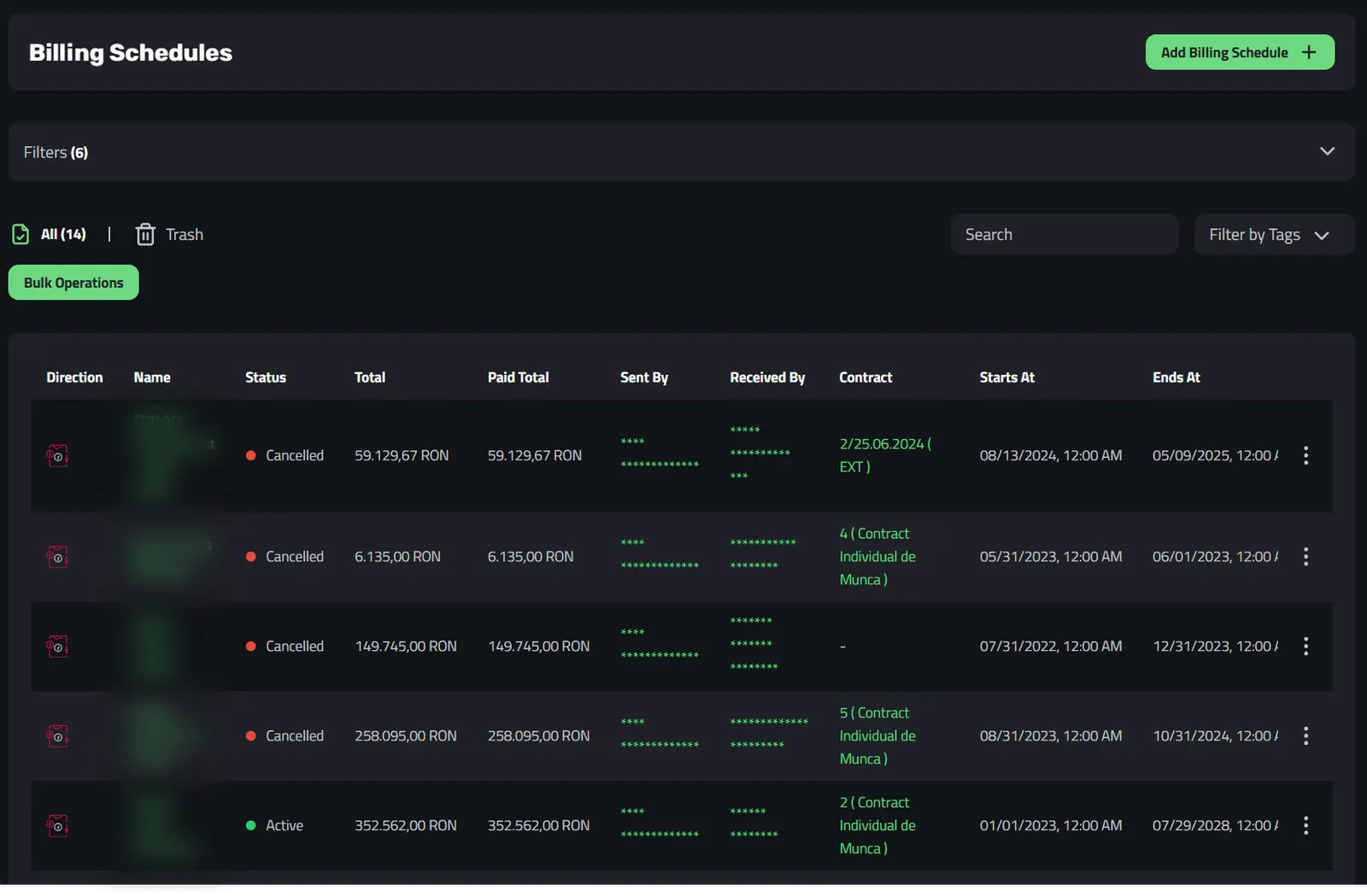 Billing Schedules Dashboard in Enlivy
