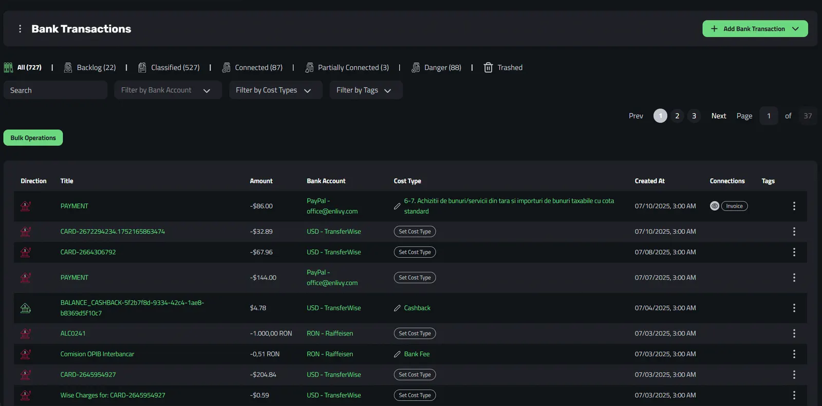 Synced Bank Transactions in Enlivy