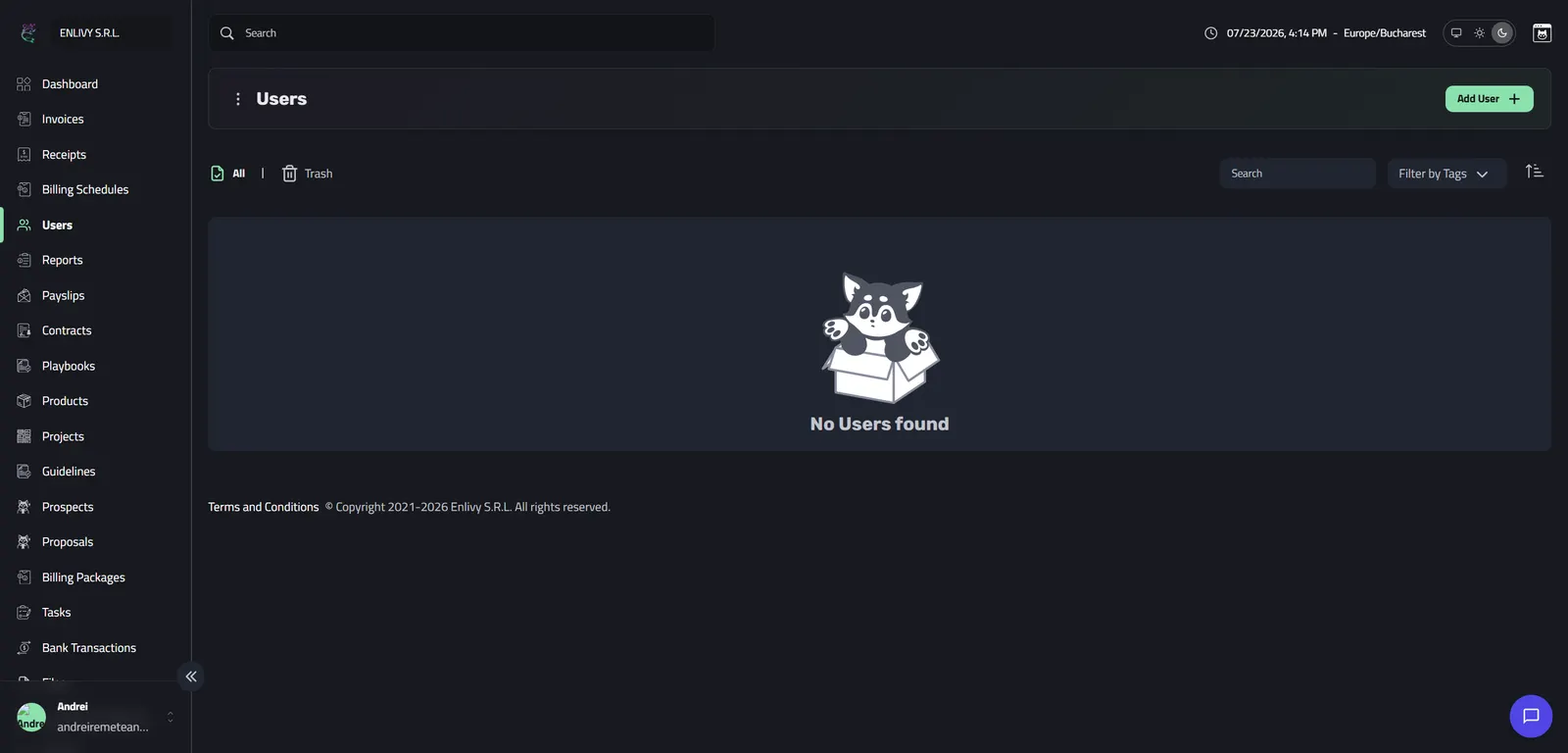 The Users dashboard in Enlivy before any users have been added