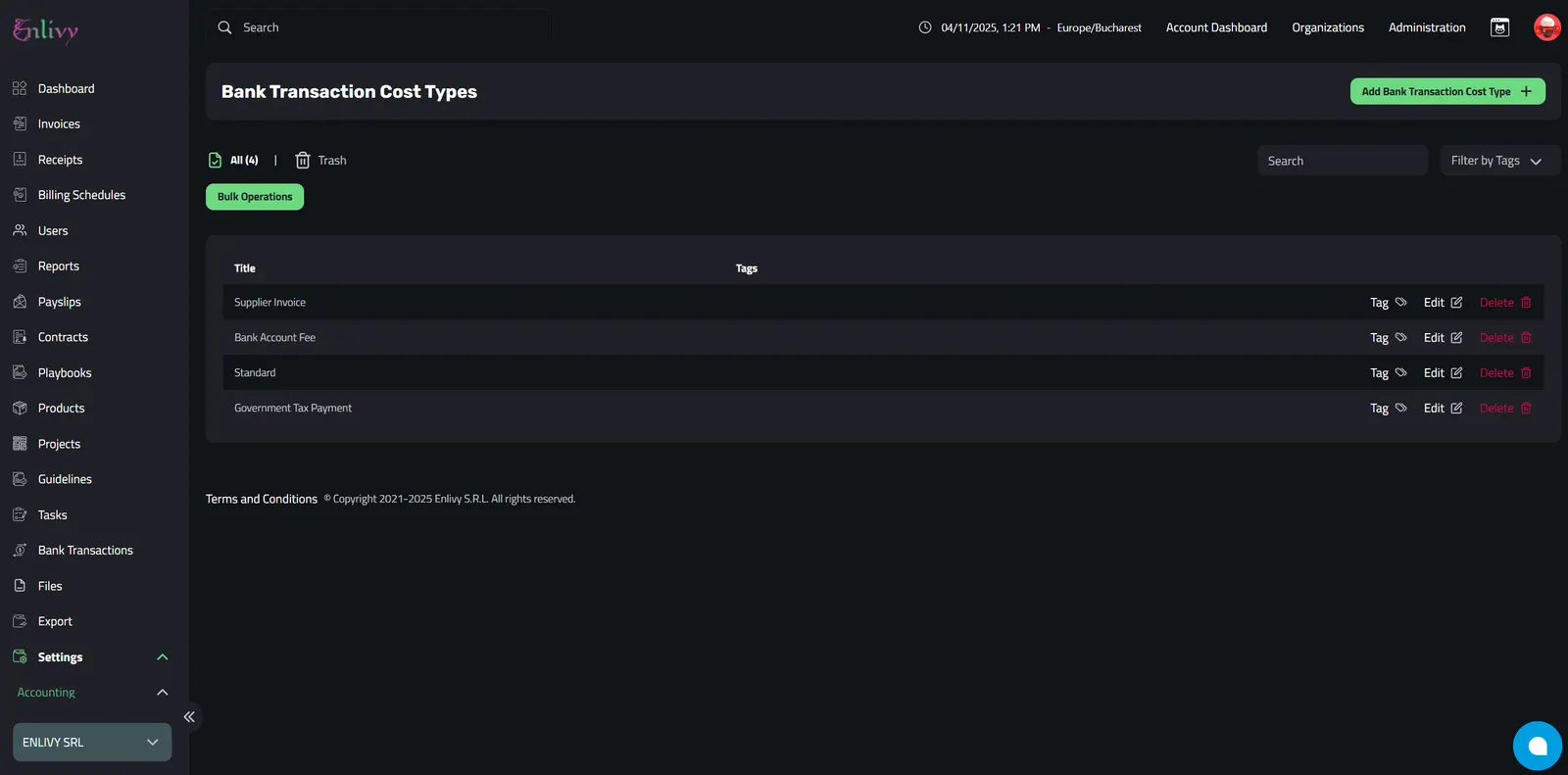 Adding Bank Transaction Cost Types — Bank Transactions — Enlivy Docs
