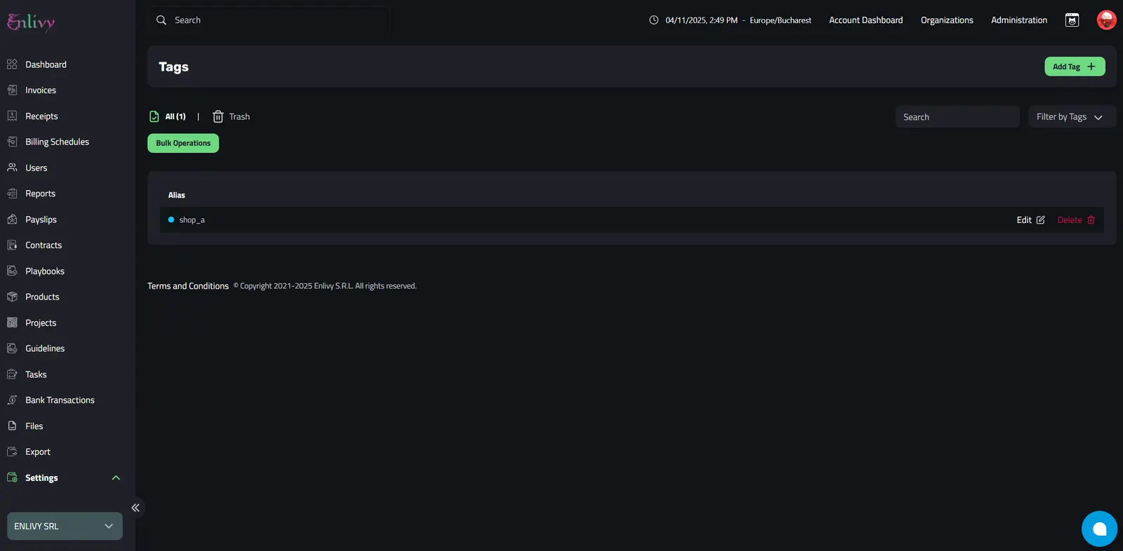 Tags Dashboard showing the newly added 'shop_a' tag