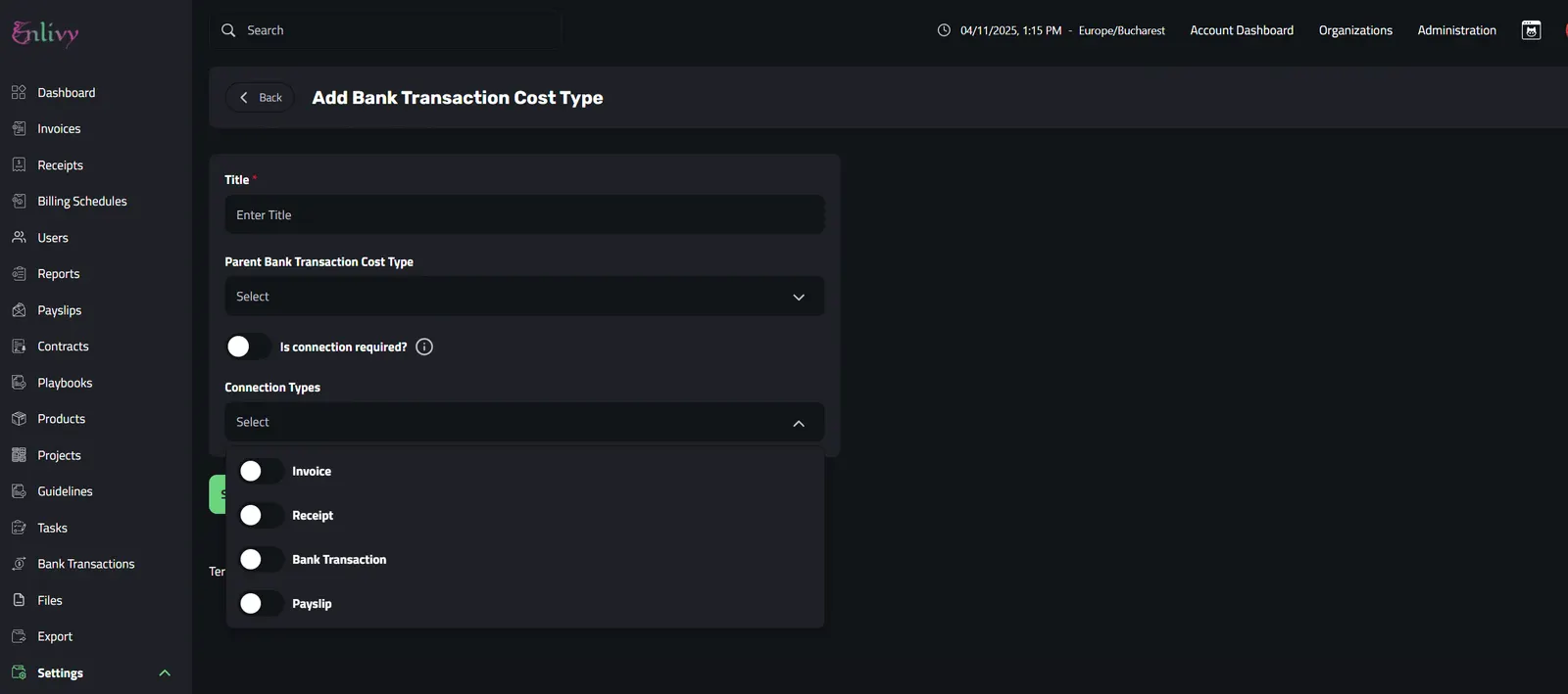 Adding Bank Transaction Cost Types — Bank Transactions — Enlivy Docs