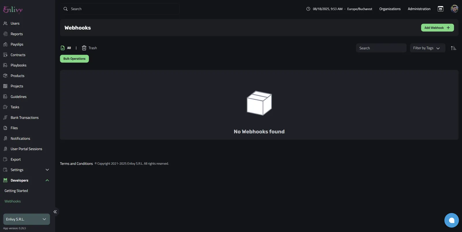 The Webhooks Dashboard in Enlivy