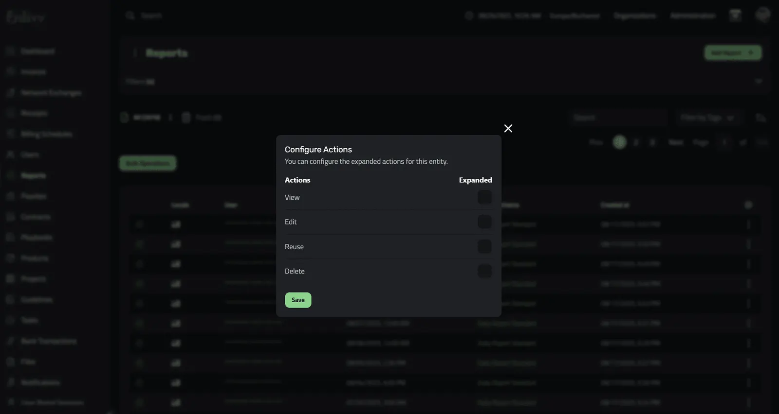 The Configure Actions menu, after clicking the cogwheel button