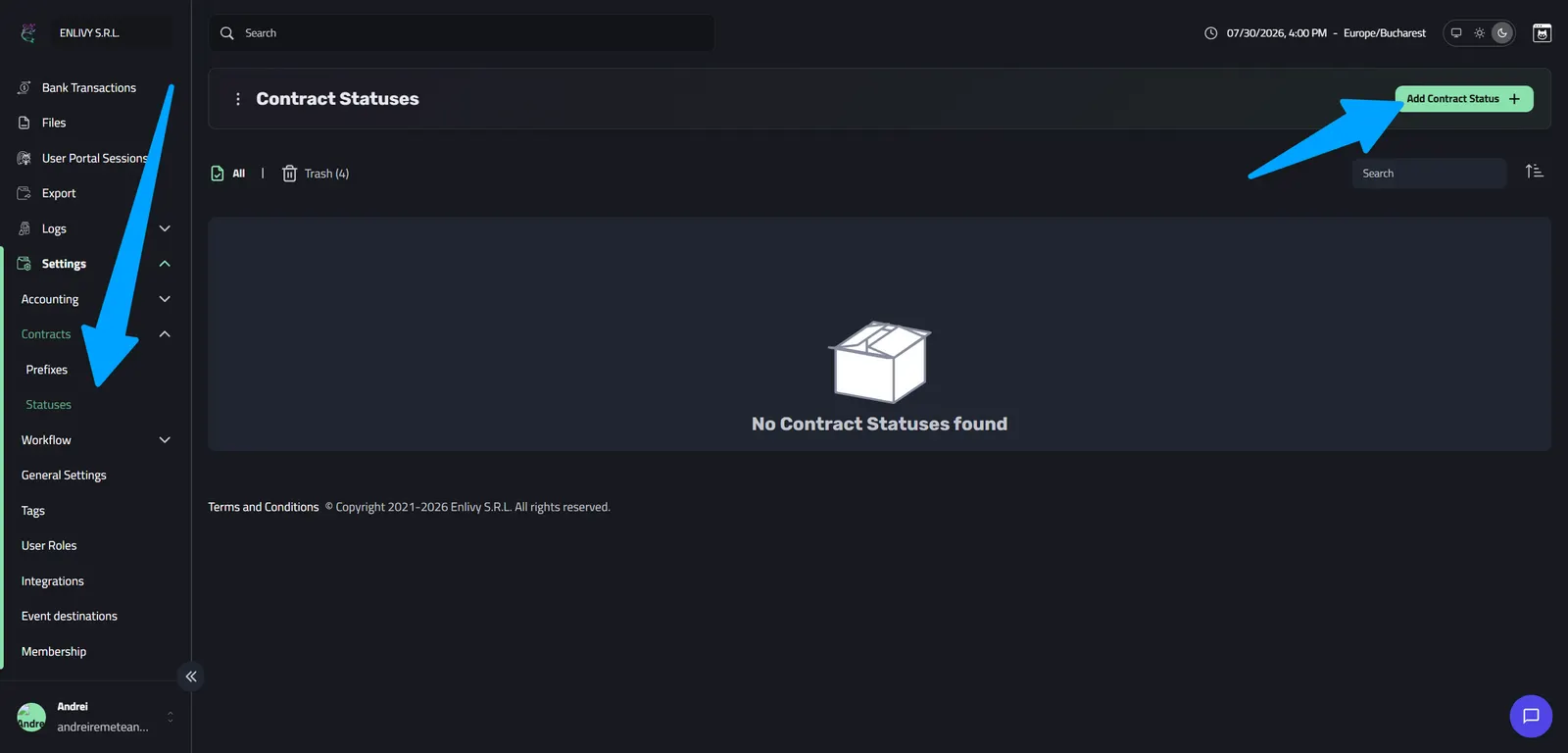 The Contract Statuses dashboard in Enlivy reading No Contract Statuses found, with the Add Contract Status button in the upper-right corner
