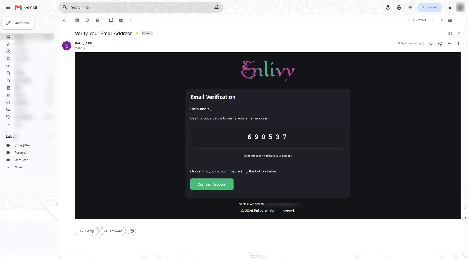 The Enlivy verification email containing the verification token and a Confirm Account button