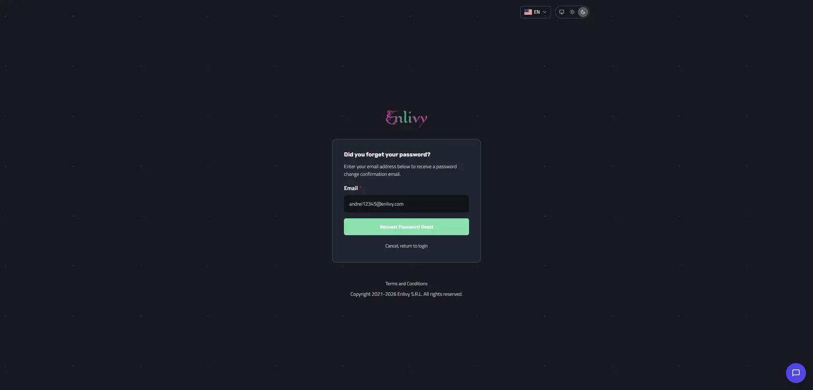 The Enlivy password reset page with an email field, a Request Password Reset button and a link back to the login page