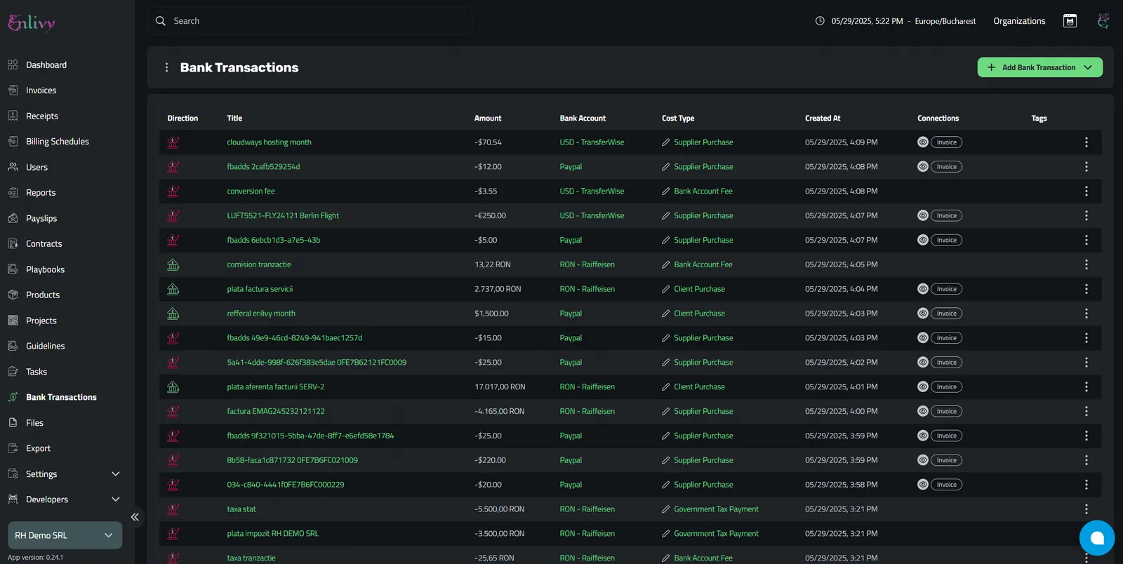 Bank Transactions that have cost types set and connections made with other entities.