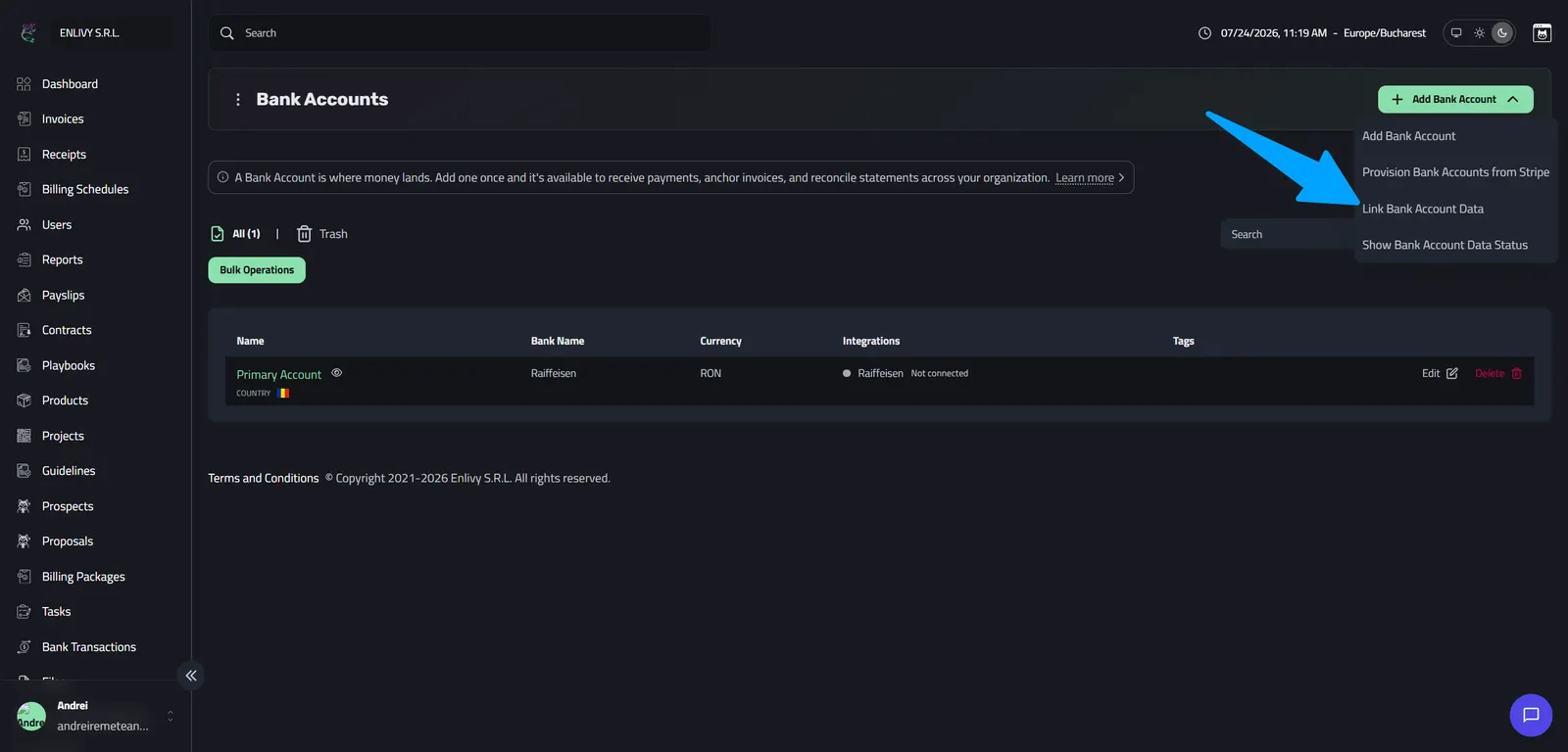 The Add Bank Account dropdown open with the options Add Bank Account, Provision Bank Accounts from Stripe, Link Bank Account Data, and Show Bank Account Data Status
