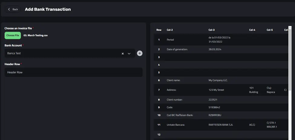 A CSV file selected with a bank account chosen and the file preview shown on the right