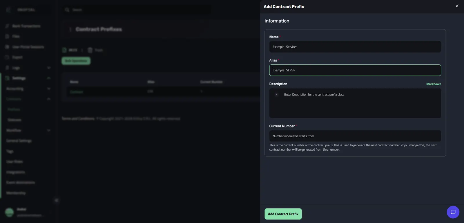 The empty Add Contract Prefix dialog with the Name, Alias, Description and Current Number fields