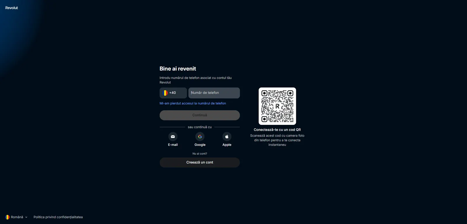 The Revolut sign-in page offering login by phone number, email, Google or Apple, or by scanning a QR code