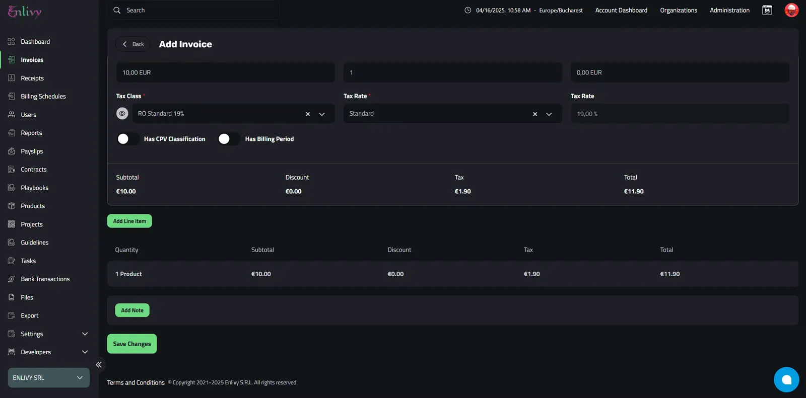 Line item successfully added, the system automatically calculates subtotal, tax, and total amounts based on the entered details.