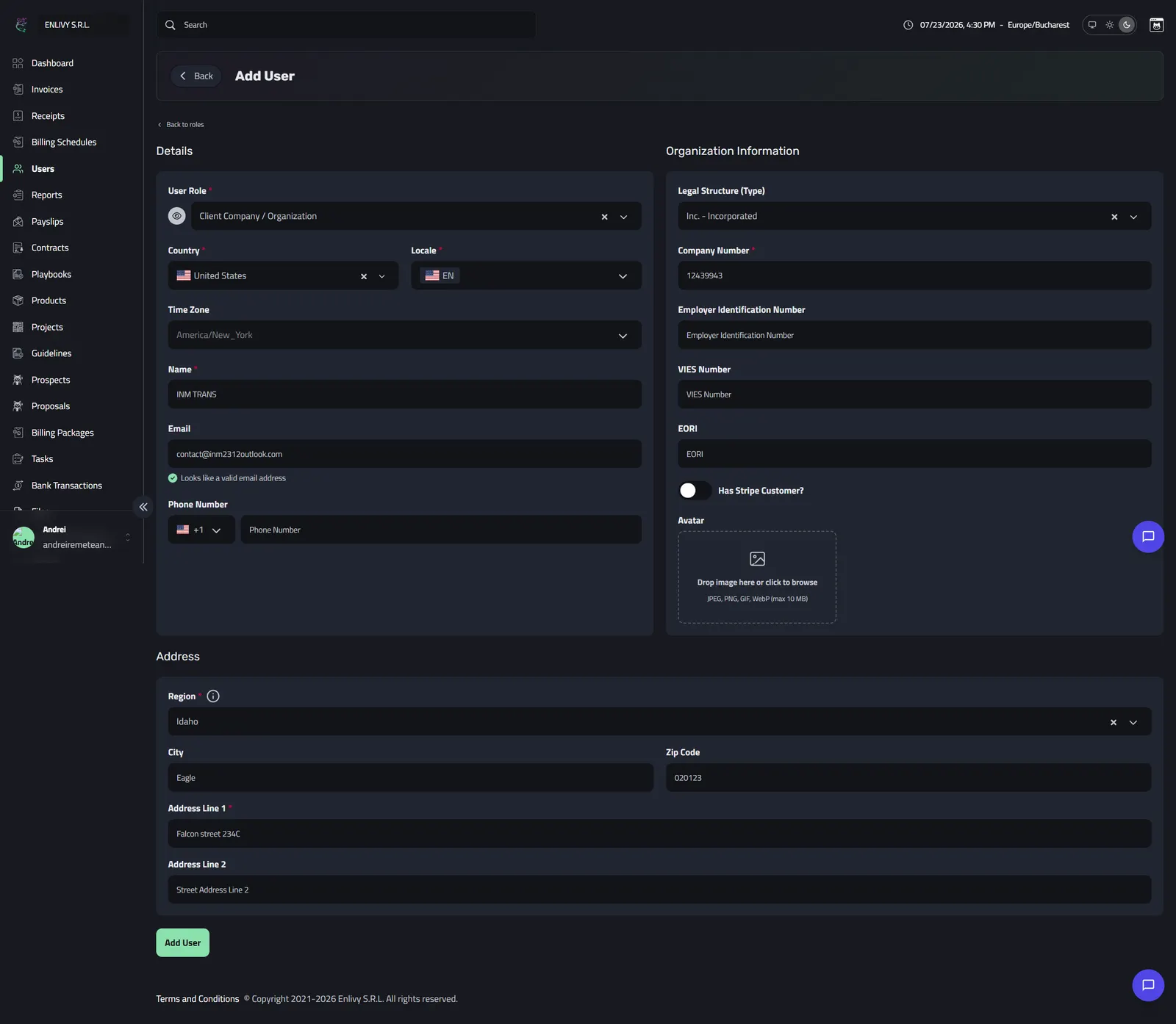 The manually completed Add User form with the Details, Organization Information and Address sections filled in, ready to submit