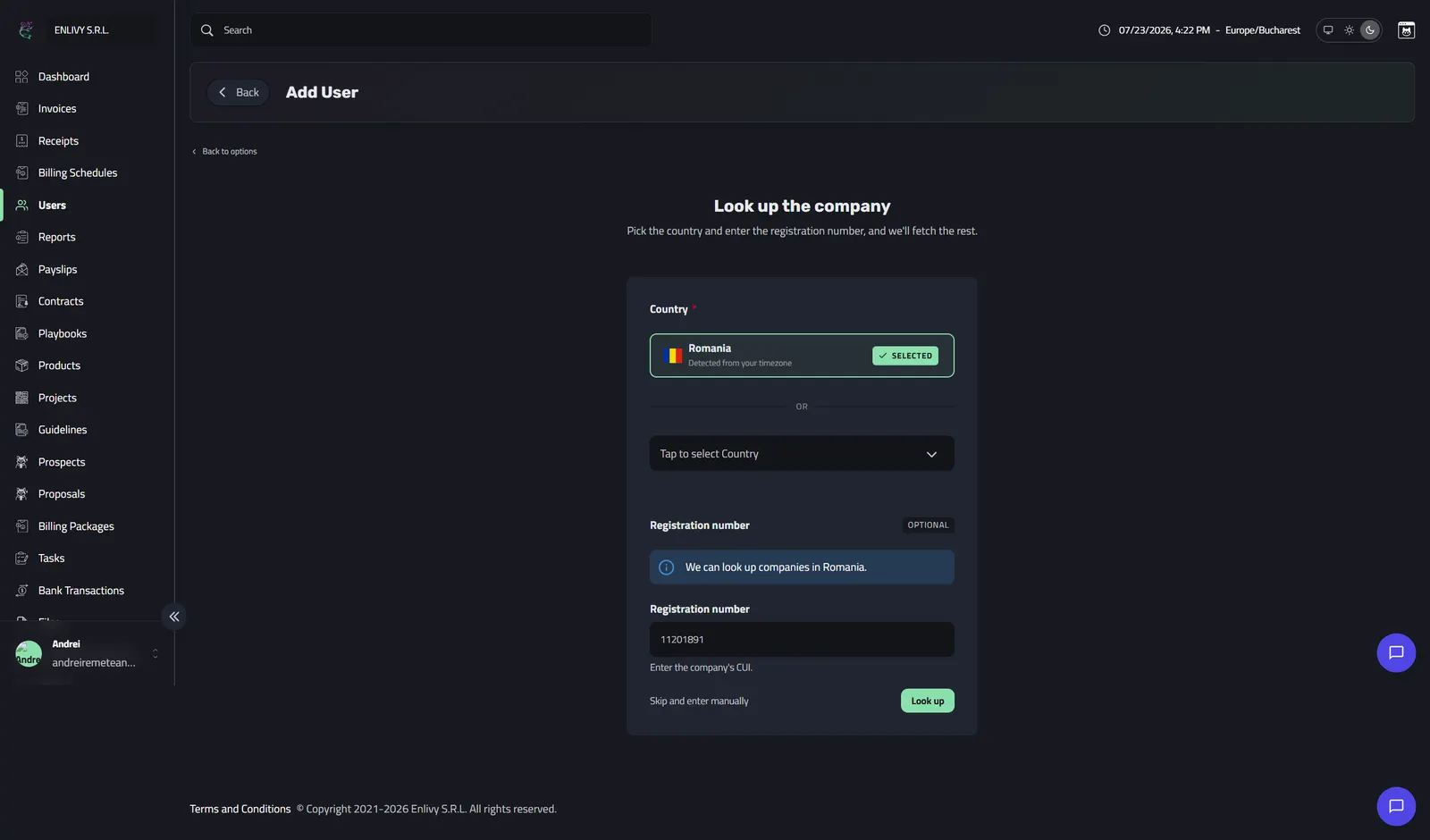 The Look up the company step with Romania preselected from the timezone and a registration number field for the company CUI
