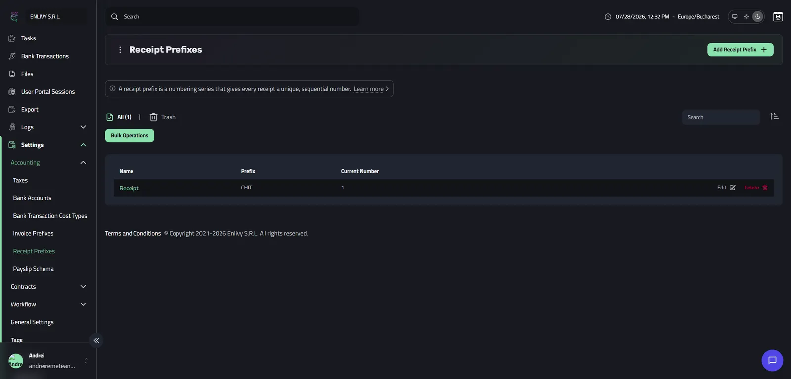 The Receipt Prefixes dashboard in Enlivy showing the default Receipt prefix with the alias CHIT and current number 1