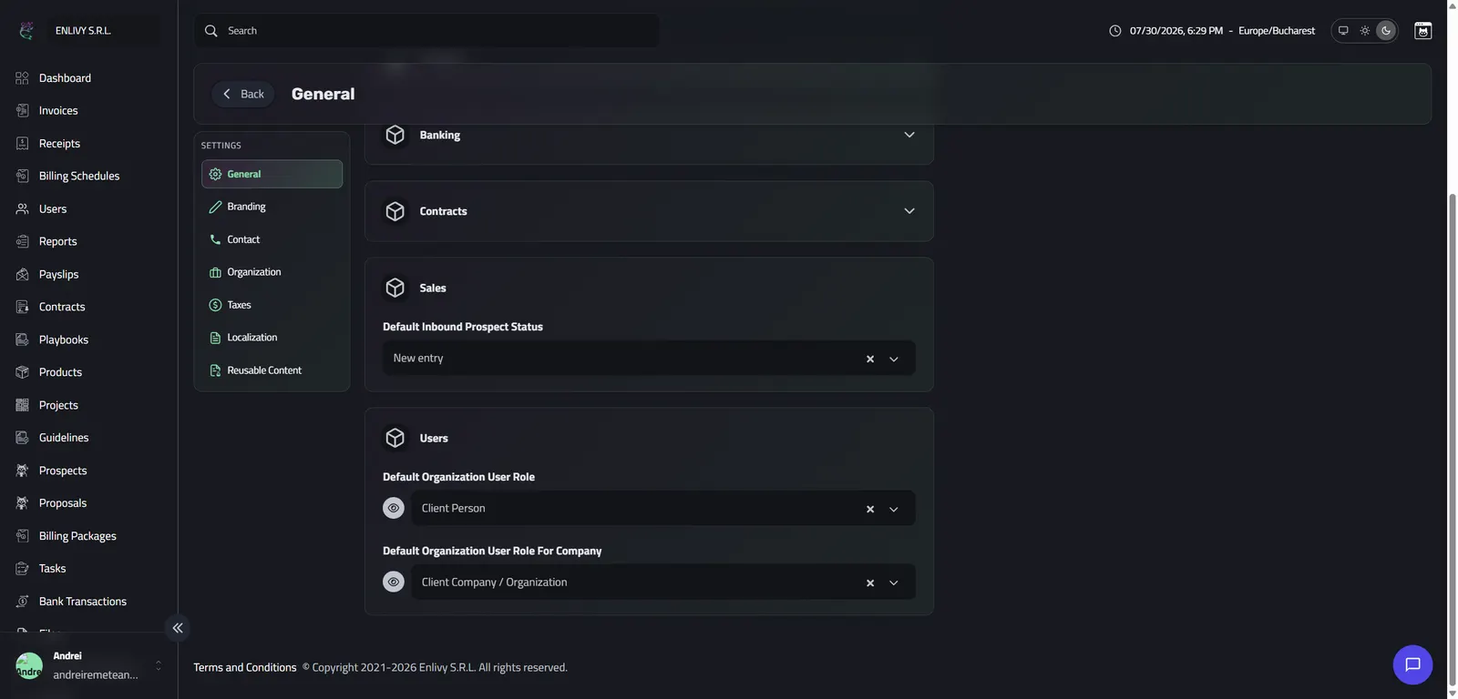 The Users group in General Settings with the default user roles for individual people and for companies