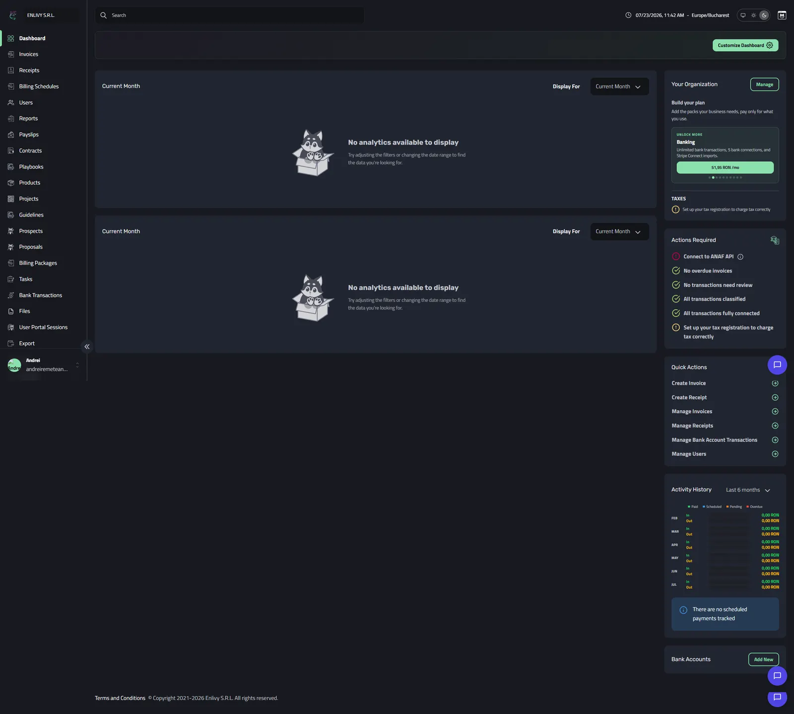 The main Enlivy dashboard shown after the organization has been created