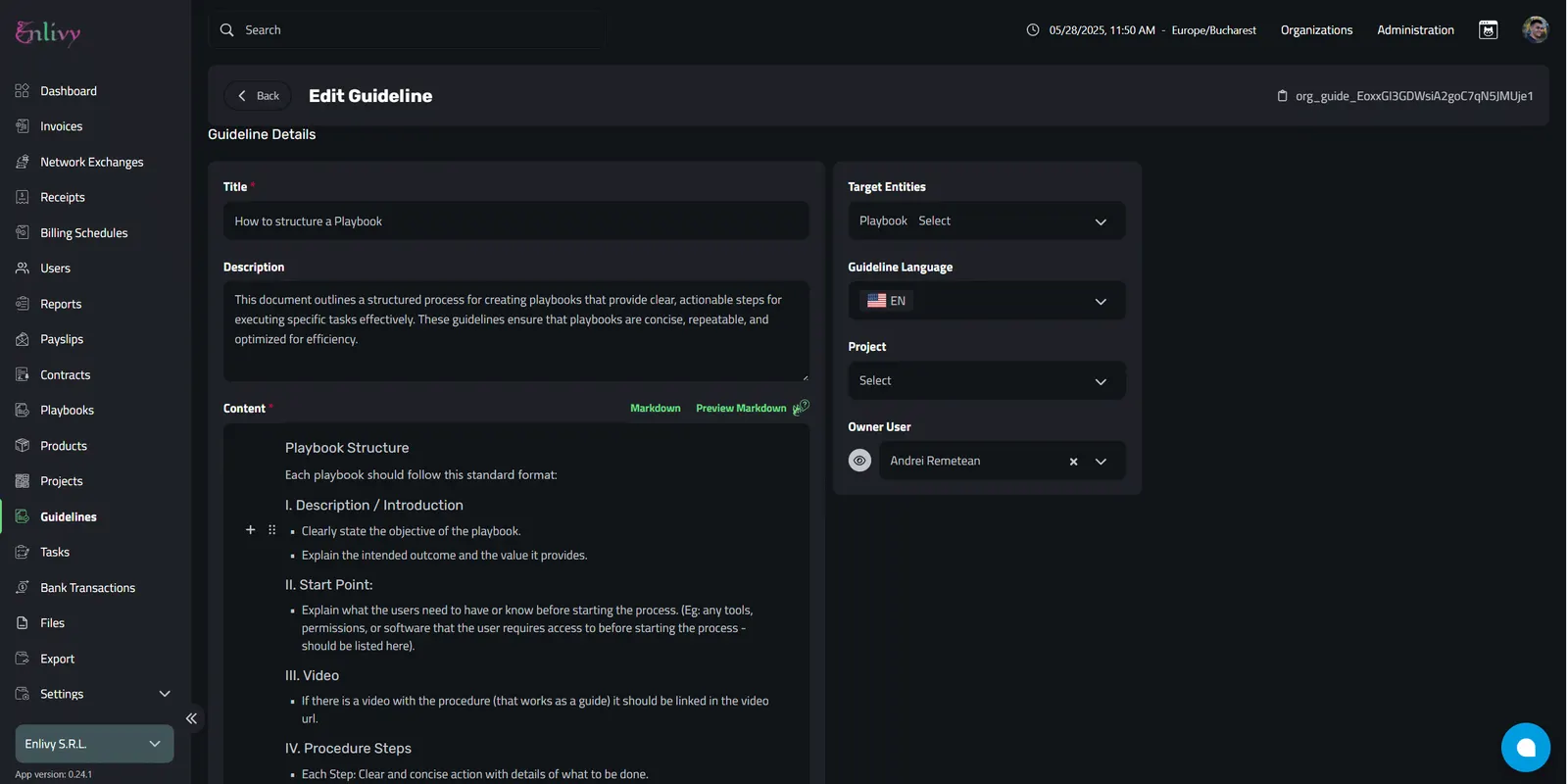 Adding a guideline - ready to be saved, fields and content have been written.