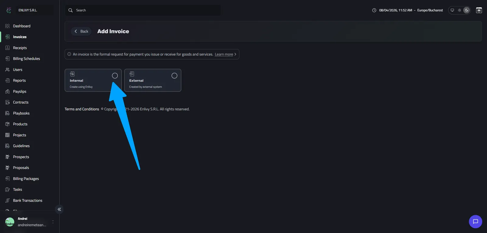 The invoice type step offering Internal, created using Enlivy, and External, created by an external system