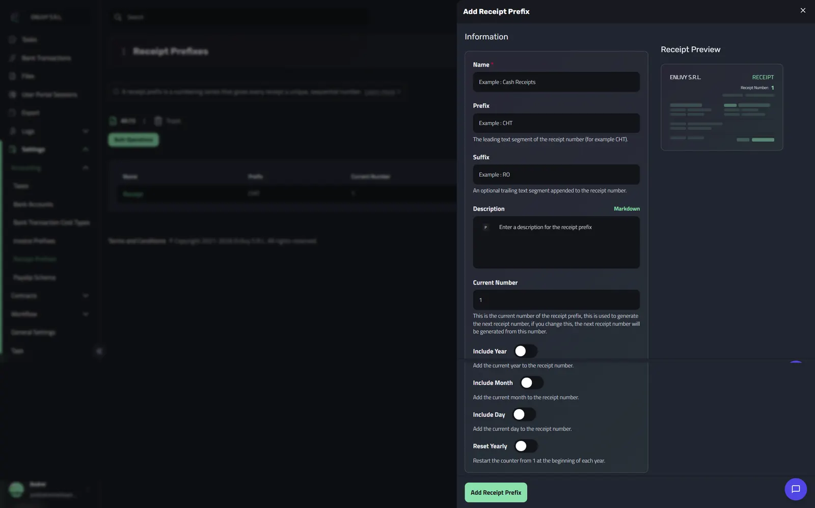The empty Add Receipt Prefix dialog with the Information fields on the left and the live Receipt Preview panel on the right