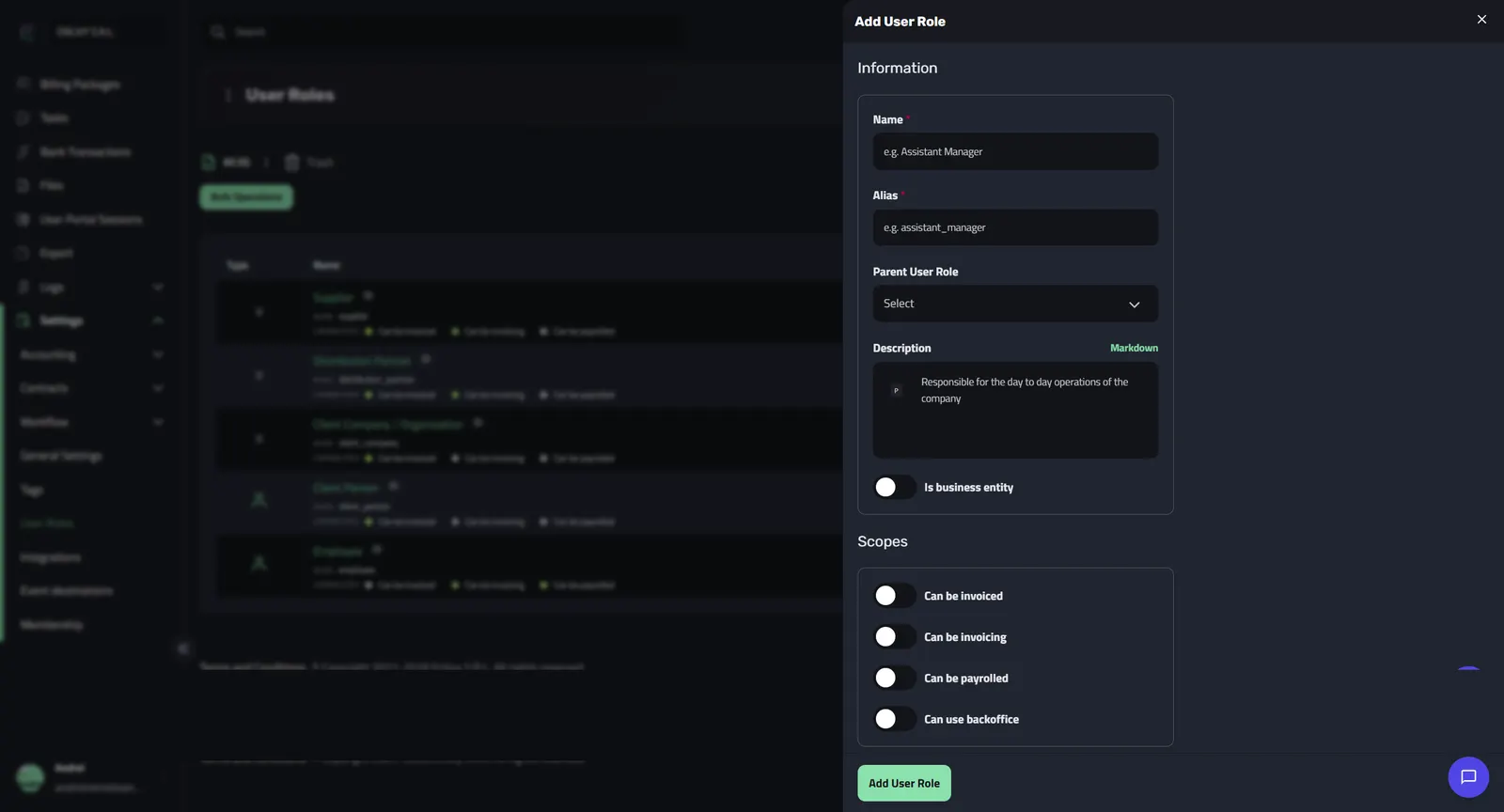 The Add User Role dialog with empty Name and Alias fields, a Parent User Role picker, a Description box and the four scope toggles