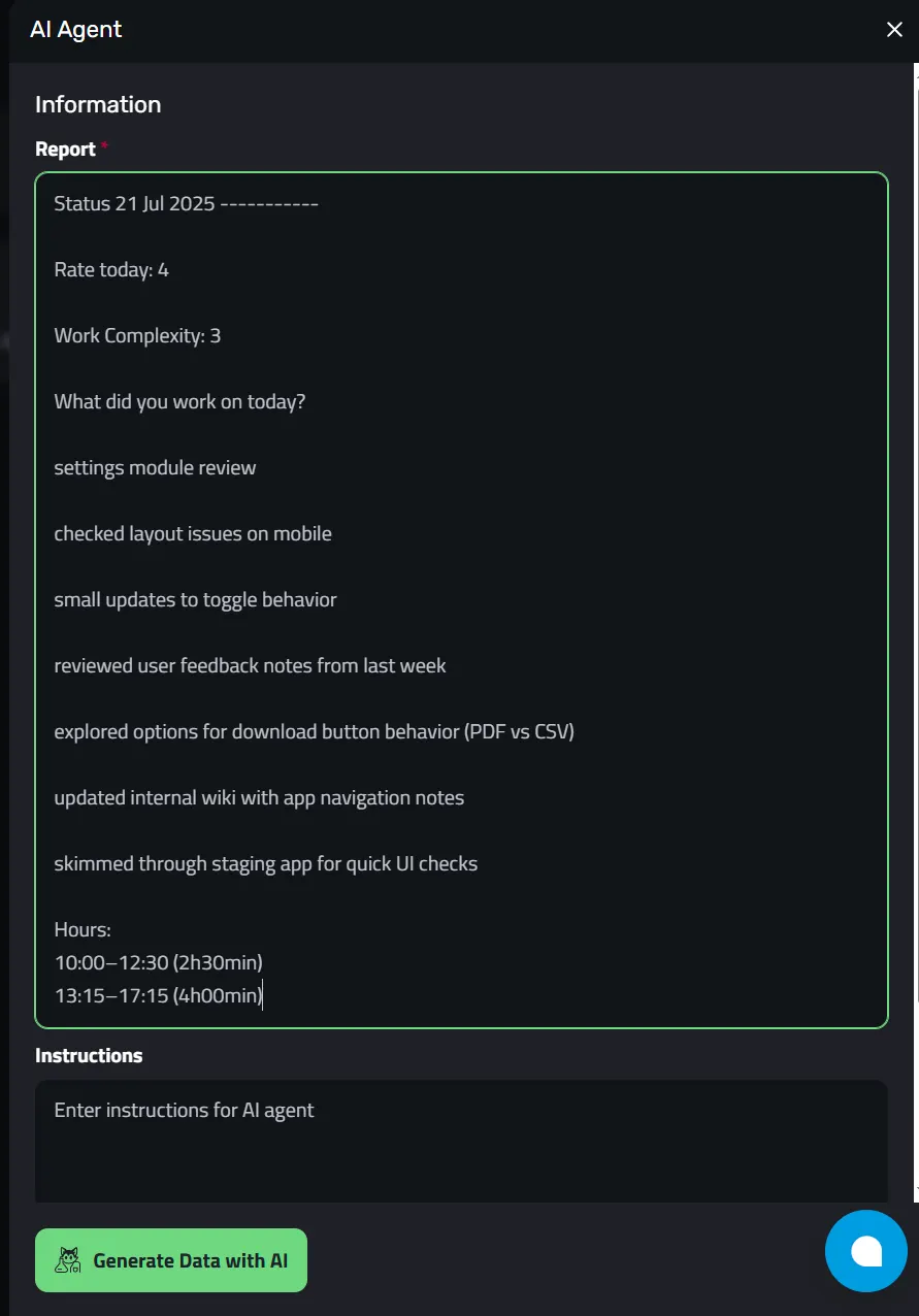 The Instructions field where you tell the AI how the report should be formatted