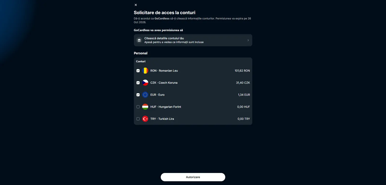 The account access request listing the bank's currency accounts with checkboxes, three of them selected, above an Authorize button