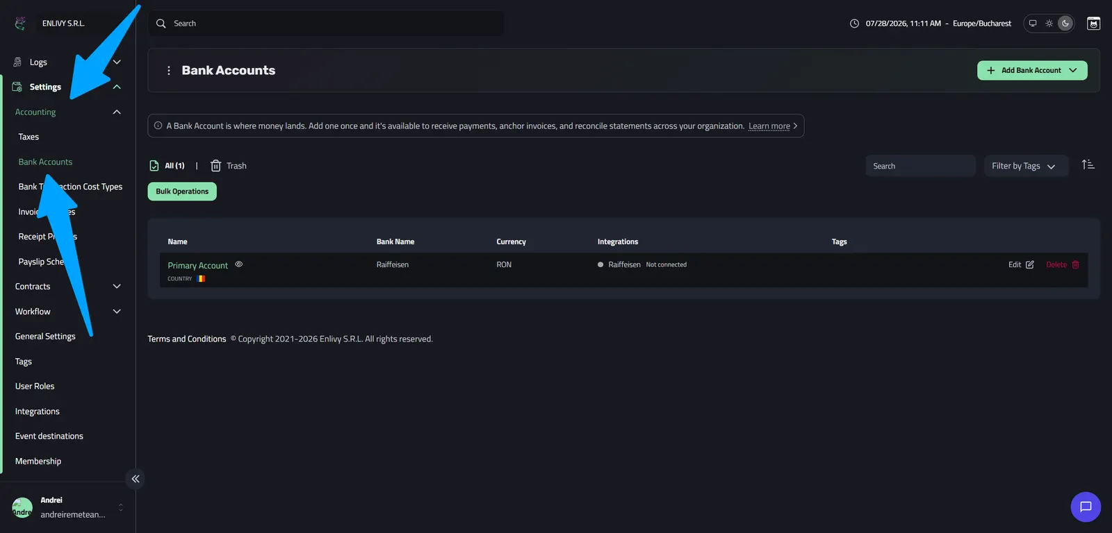 The Bank Accounts page in Enlivy showing a Primary Account with the Raiffeisen integration marked as Not connected
