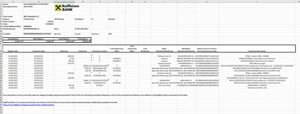 Sample March 2022 bank statement in XLS format with debit and credit transactions