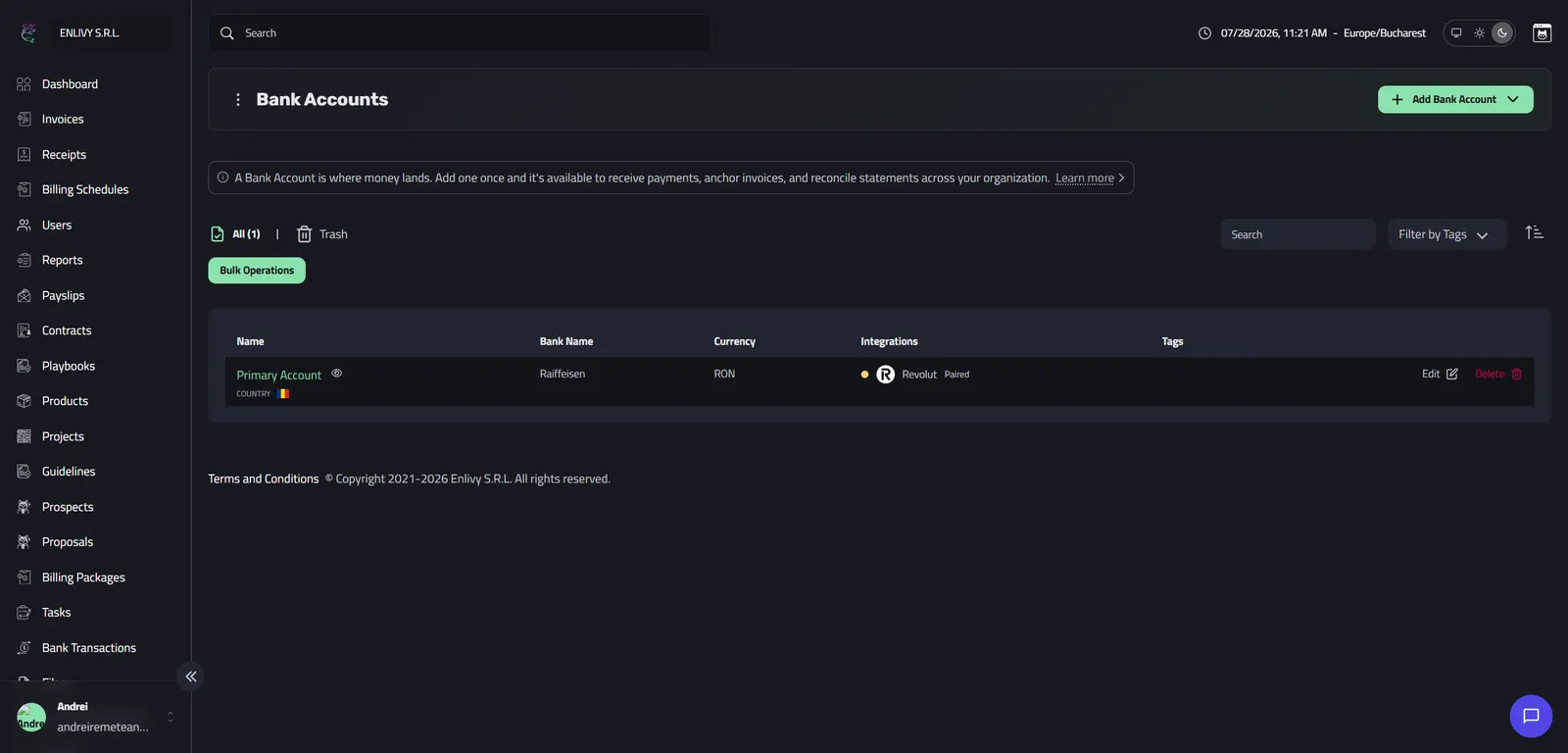 The Bank Accounts dashboard showing the Primary Account with a Revolut Paired integration badge