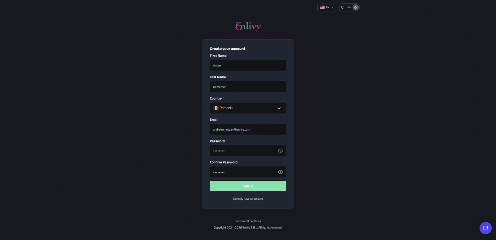 The Enlivy registration page with fields for first and last name, country, email address and password
