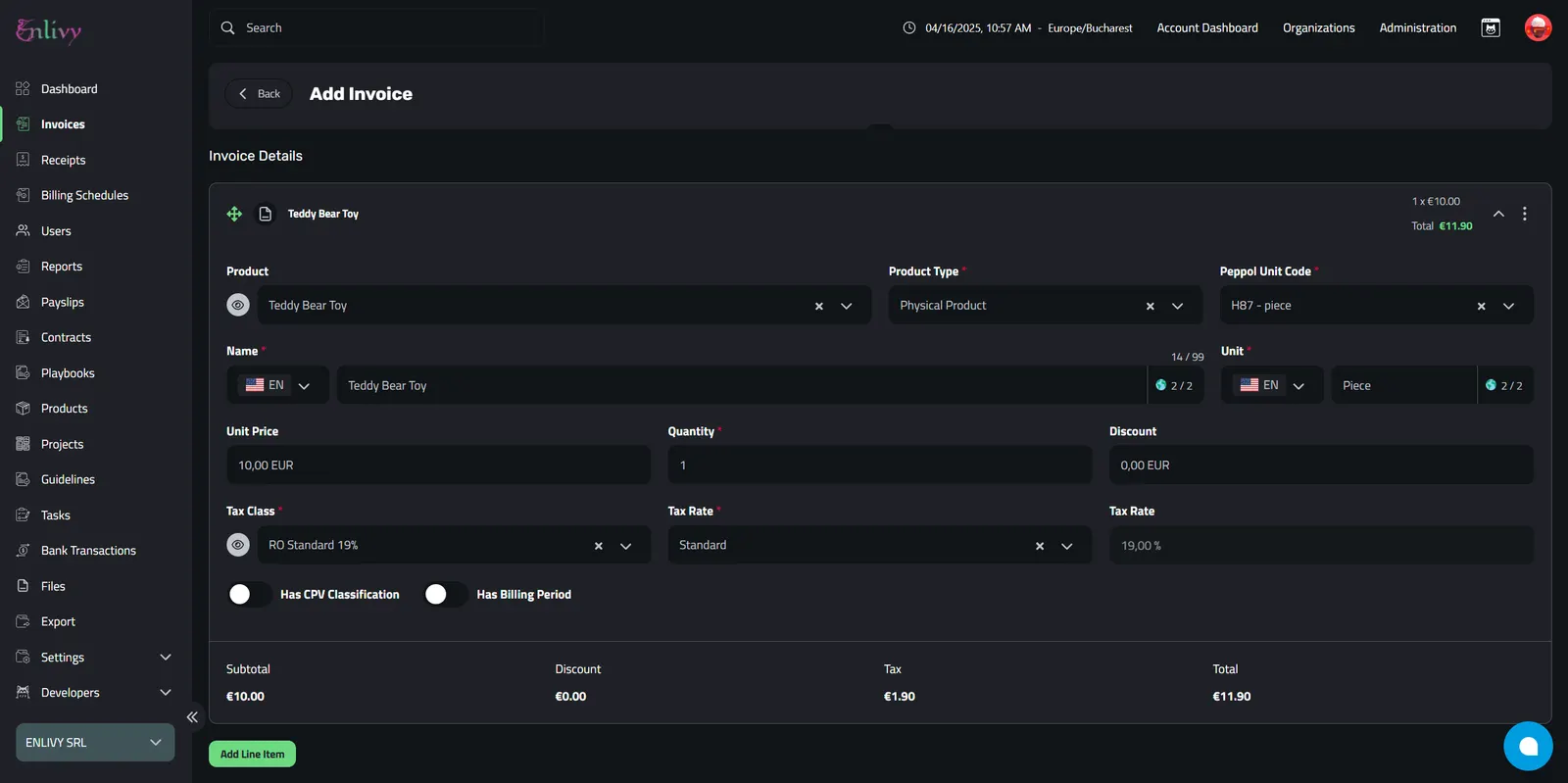 Adding invoice line item details: product name, price, PEPPOL unit, tax class, tax rate, and product type selected.