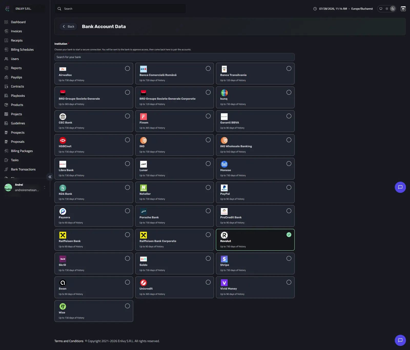 The Bank Account Data institution picker showing supported banks as cards with their available transaction history, with Revolut selected