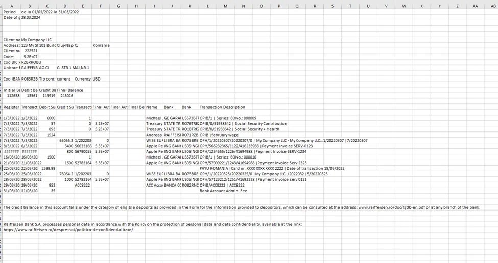 The converted bank statement shown as a CSV file opened in Excel