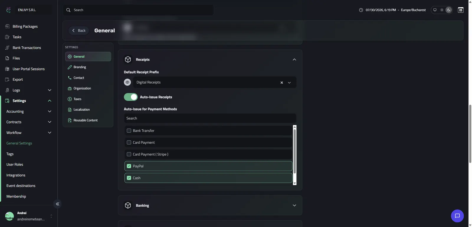 The Receipts group in General Settings with the default receipt prefix, the auto-issue toggle and the payment methods that trigger automatic receipts