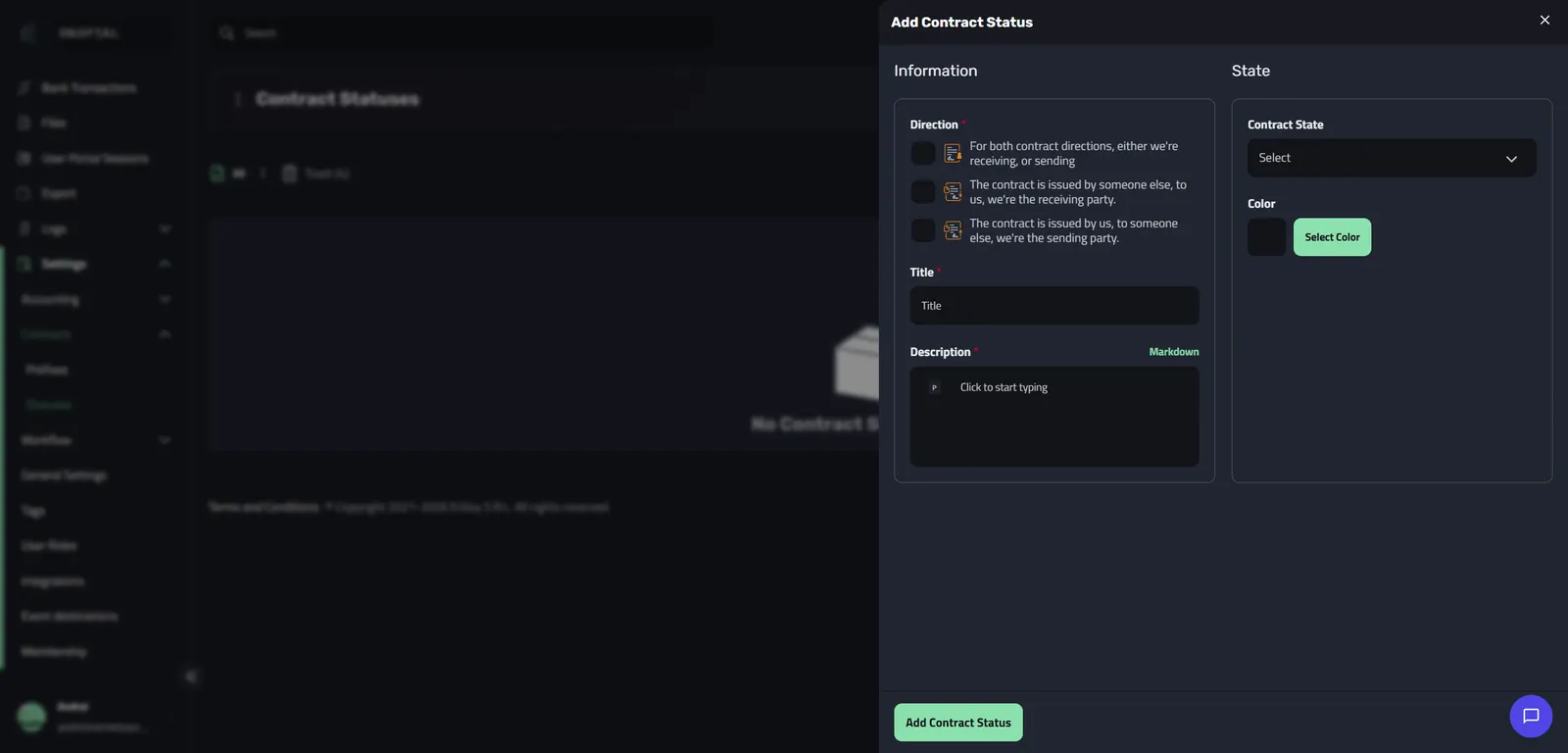 The empty Add Contract Status dialog with an Information panel on the left for direction, title and description, and a State panel on the right for the contract state and color