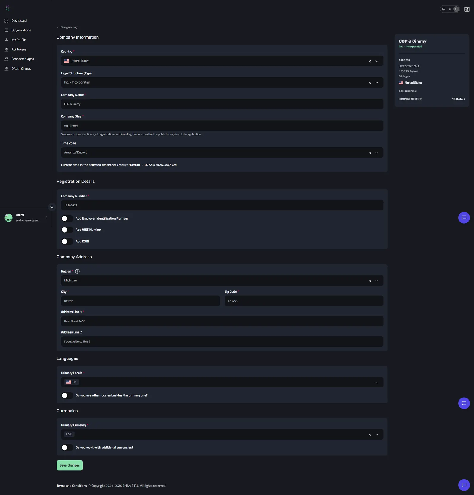 The manually completed organization form with company information, registration details, address, languages and currencies filled in