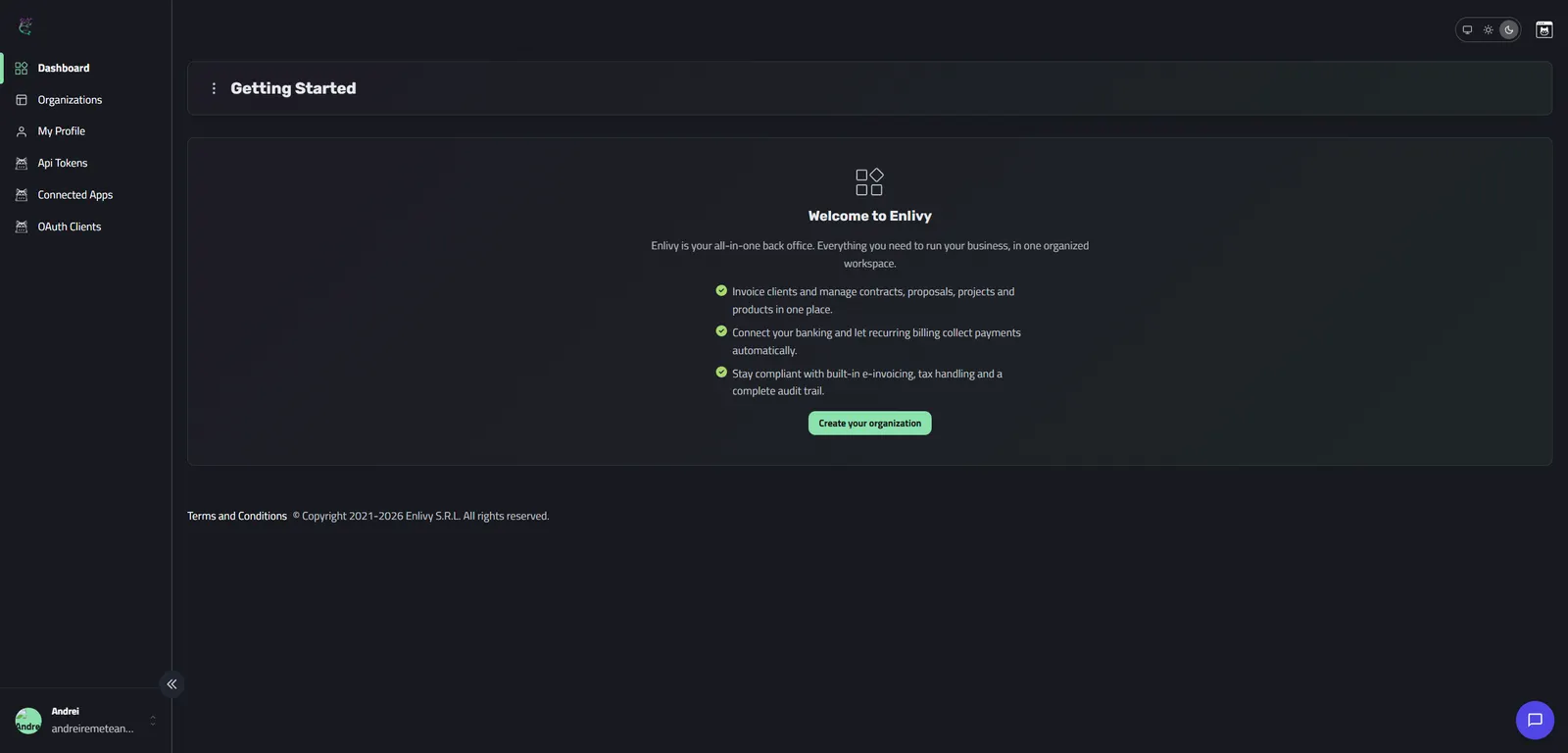 The Enlivy welcome screen shown after verification, prompting you to create your first organization