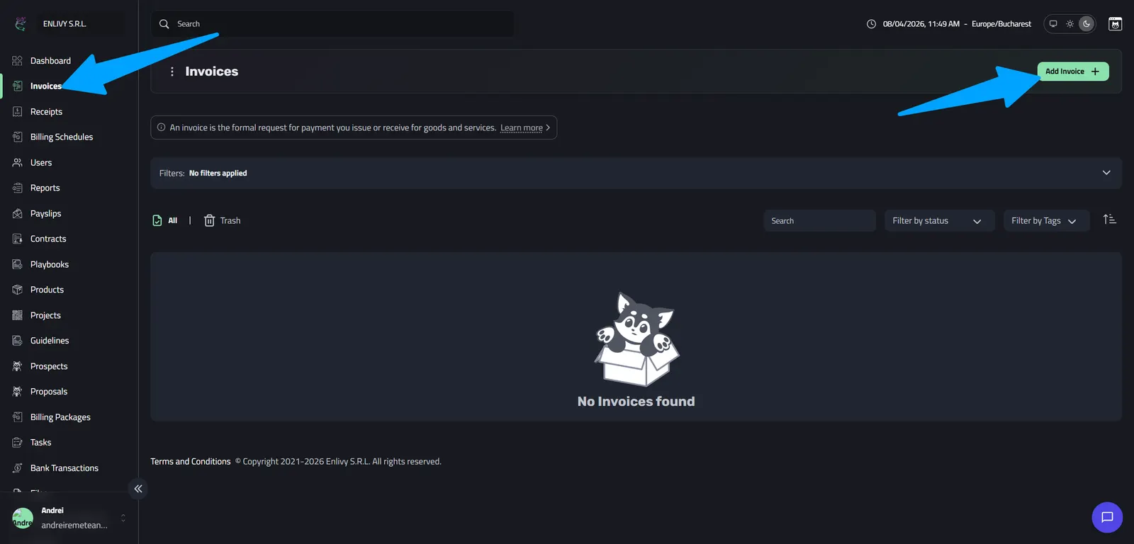 The Invoices dashboard in Enlivy with the Add Invoice button in the top-right corner