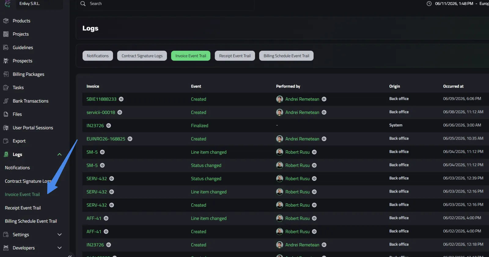 The Logs section in Enlivy with Invoice Event Trail selected in the left menu and in the tab bar, next to Notifications, Contract Signature Logs, Receipt Event Trail and Billing Schedule Event Trail