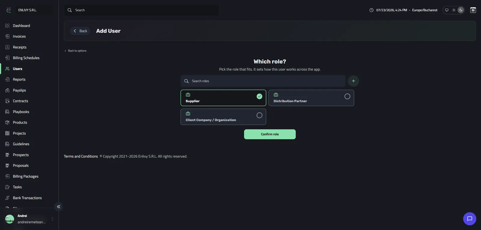 The Add User role selection step listing the roles a company can be assigned