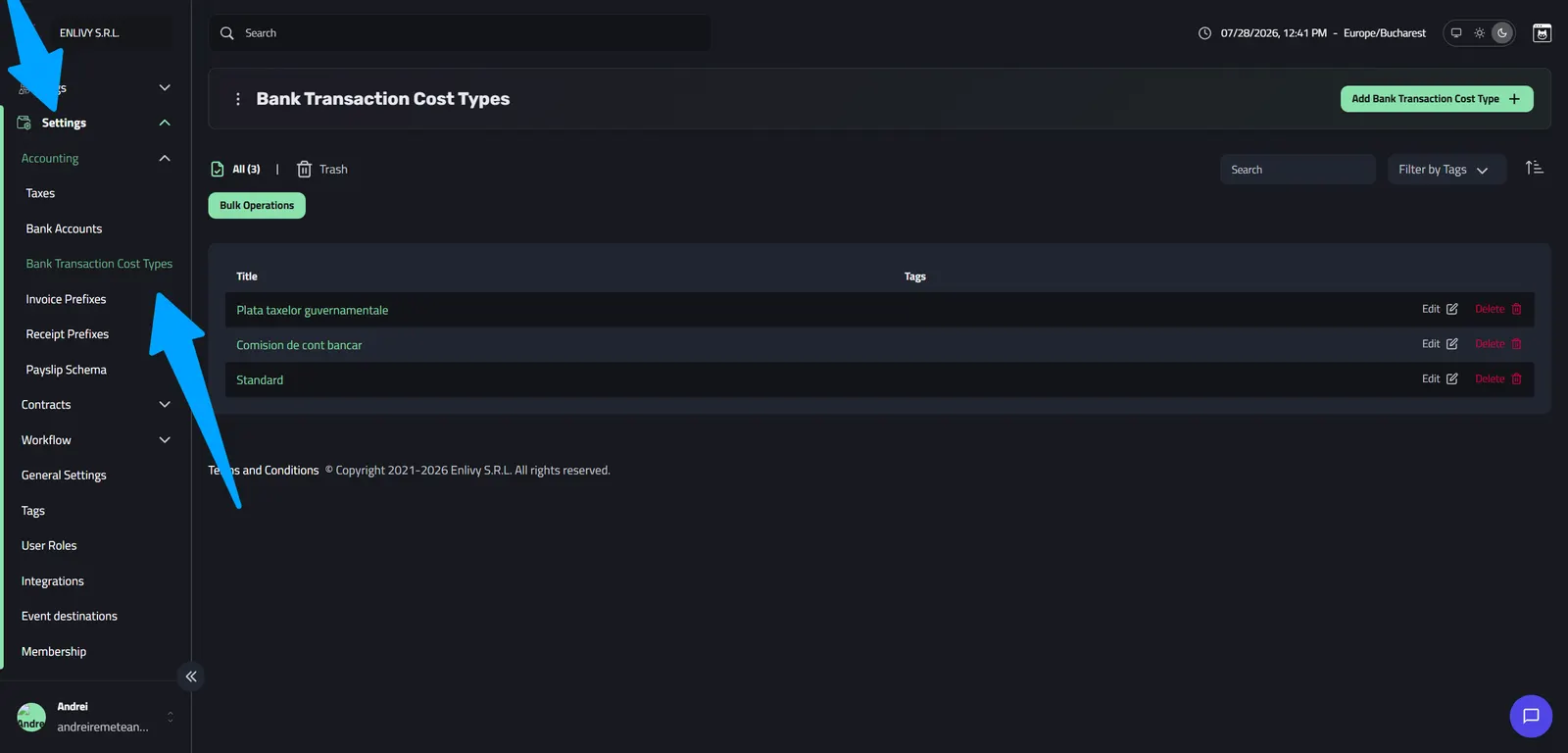 The Enlivy left-side menu with Settings, then Accounting, then Bank Transaction Cost Types highlighted