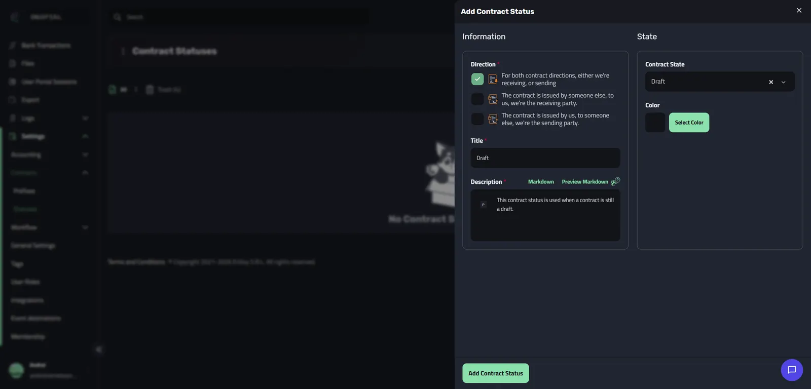 The Add Contract Status dialog filled in with the title Draft, both contract directions selected, a description, and the Draft contract state