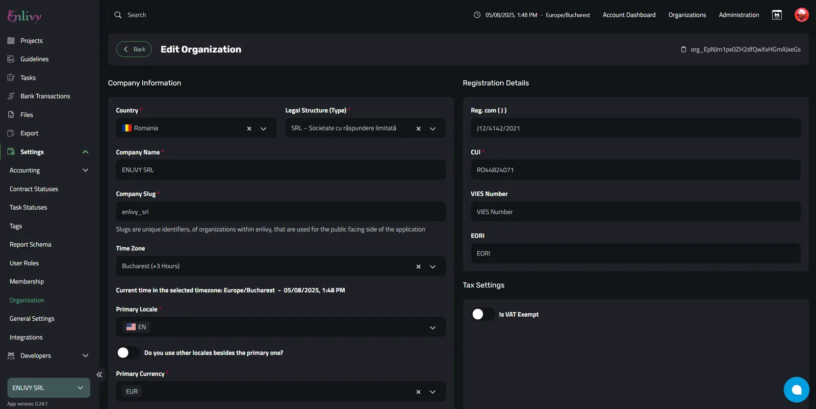 Editing your Company Timezone can be done from the Settings - Organization Tab (left-side menu)