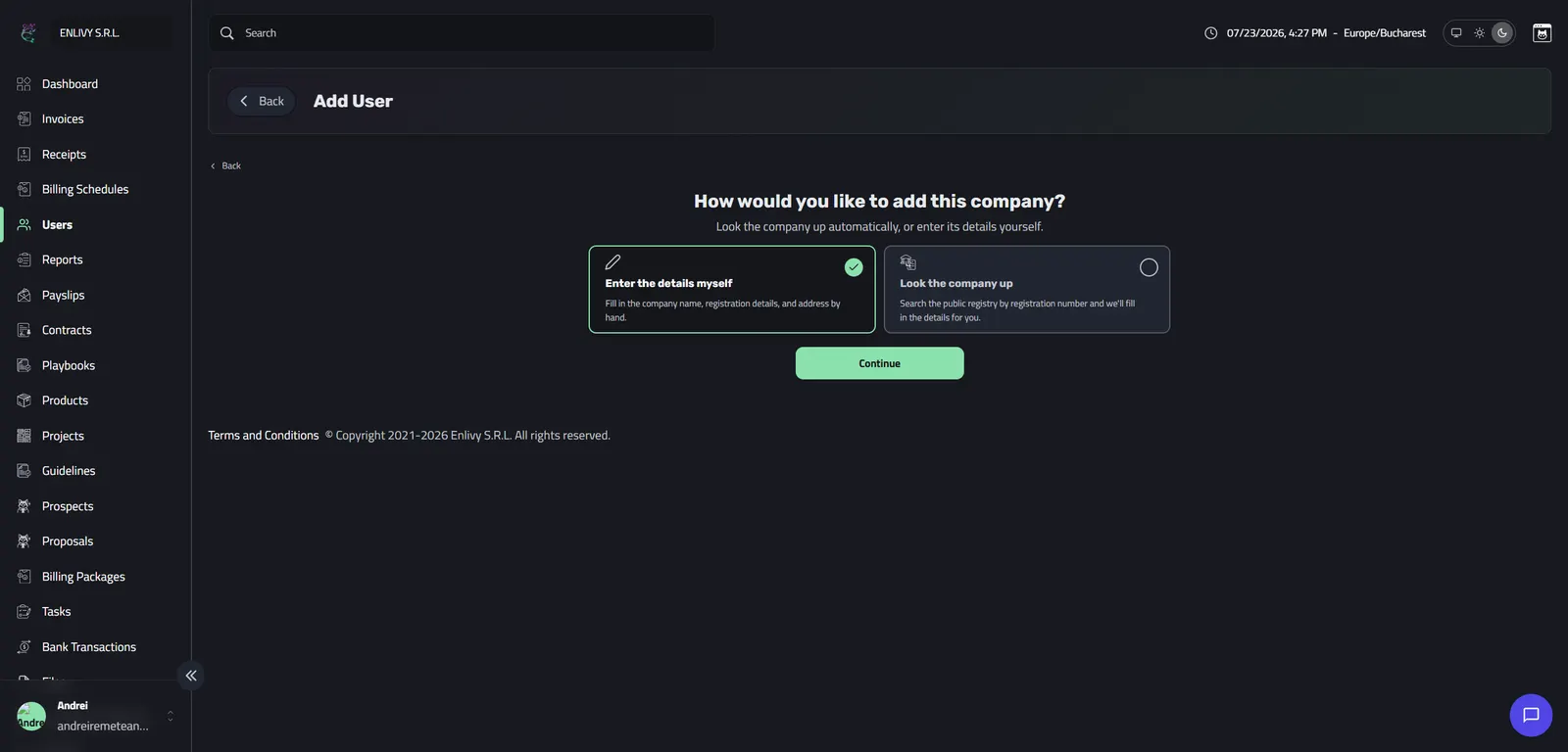 The Add User step with the option to enter the company details manually selected